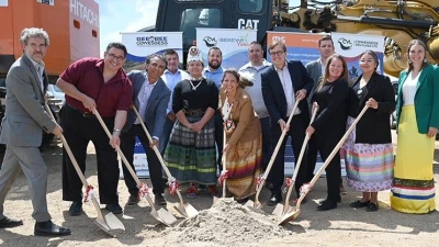 Photo of First Nation elders in Canada with spades breaking first ground on a wind farm project