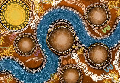 Image of indigenous artwork created for RES that features elements representing sun, wind, water, nature and native culture